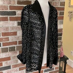 DRESS BARN WOMAN Black Sequin Open Front Rhinestone Button Cuff Jacket 14W NWOT